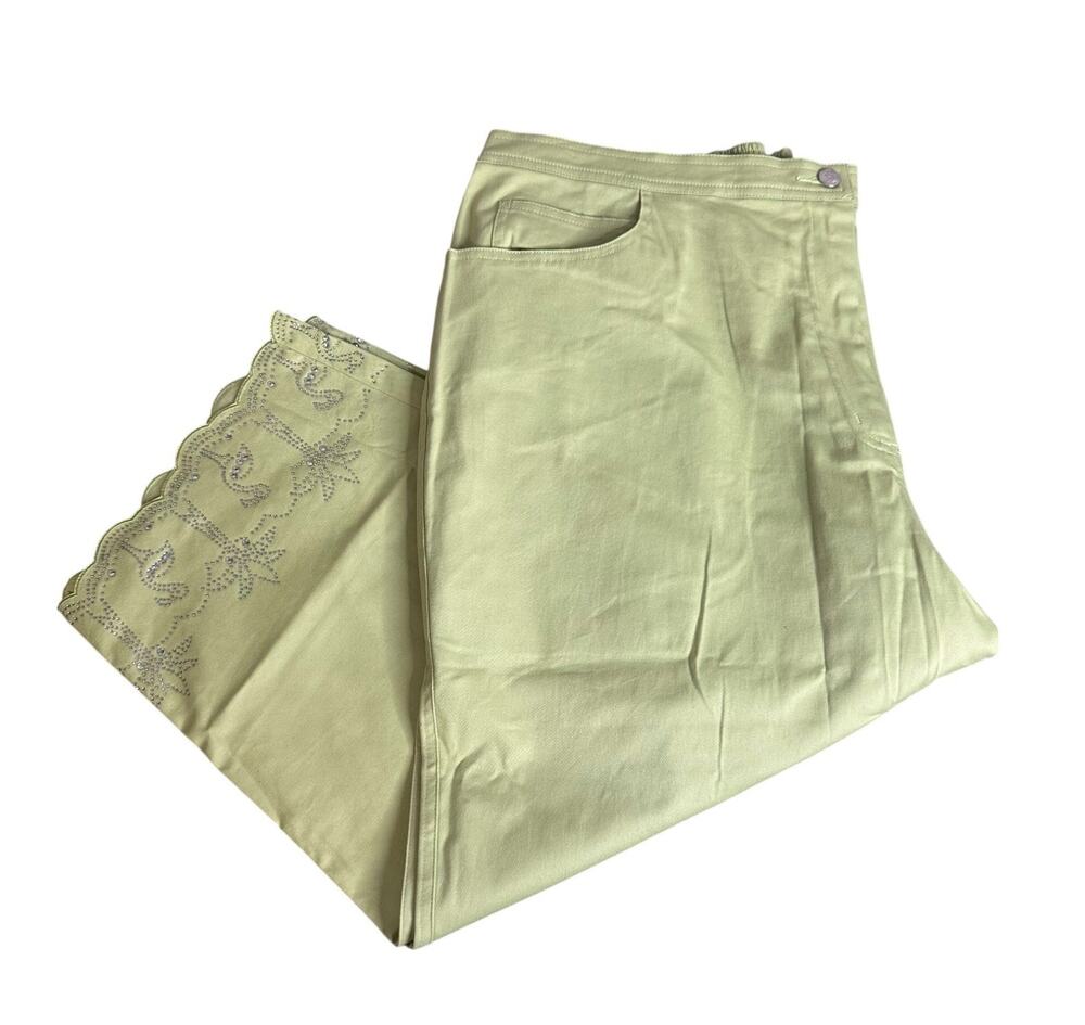 Quacker Factory 3X Rhinestones Capri Cropped Pants Flamingo Palm Trees Green